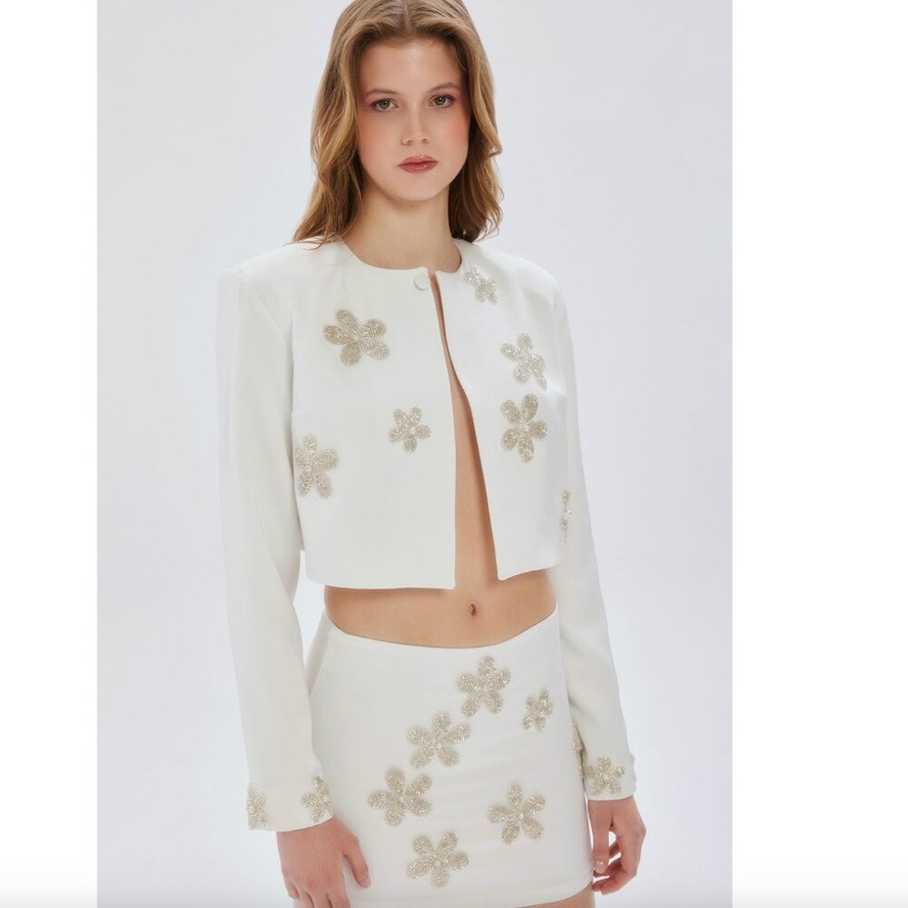 Darya Ecru White Satin Mini Skirt With Silver Embroidery - XS